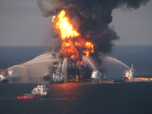 Photograph of Deepwater Horizon oil rig fire in Gulf of Mexico—courtesy of United States Coast Guard